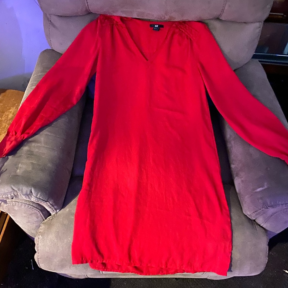 H&M Red V-Neck Bishop Sleeve Dress